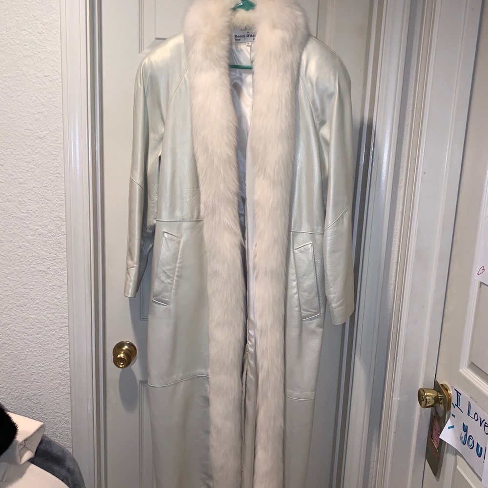 Cream/ White long faux leather jacket